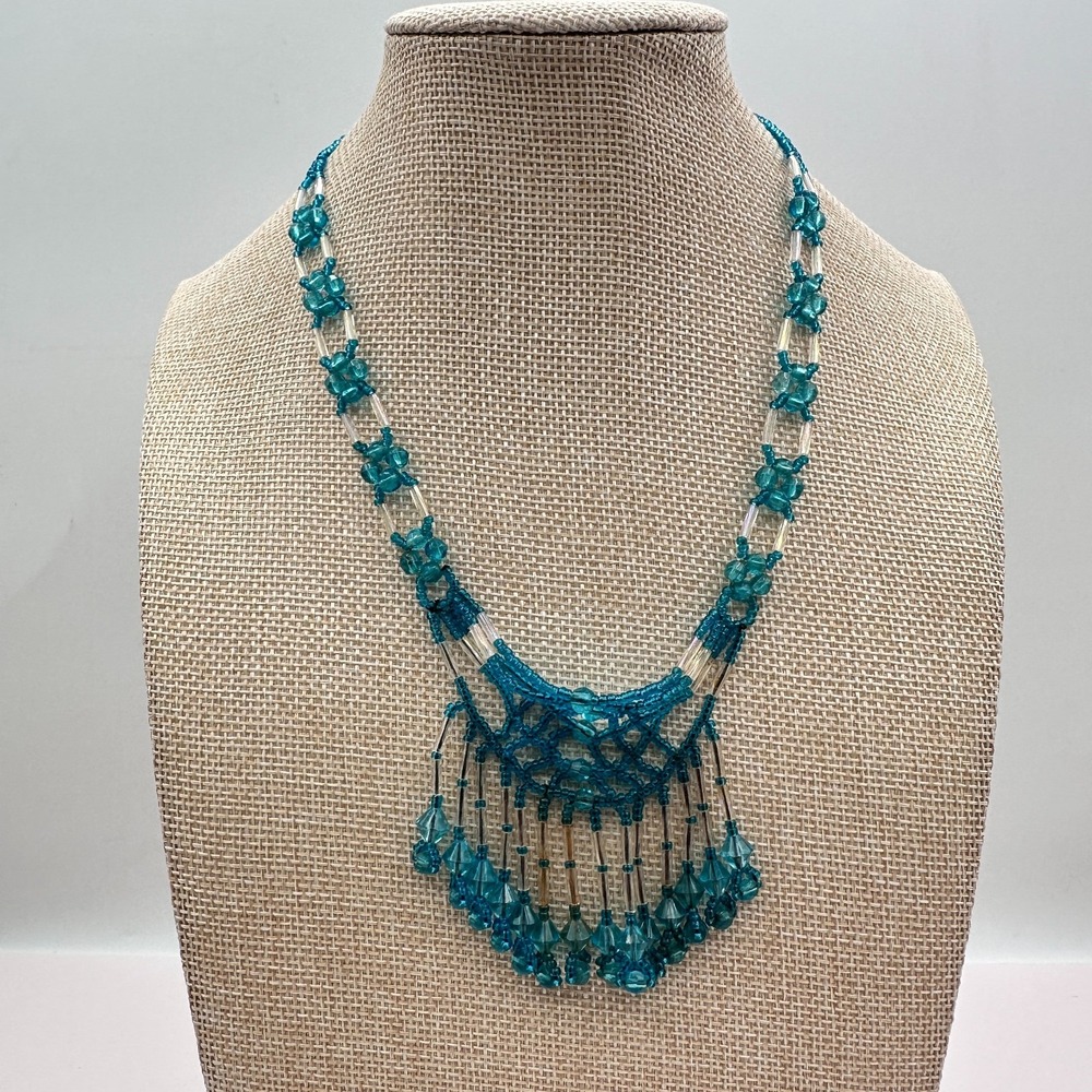 Vintage 90s Silver Tone Teal Blue Beaded Fringe Necklace Women's Jewelry